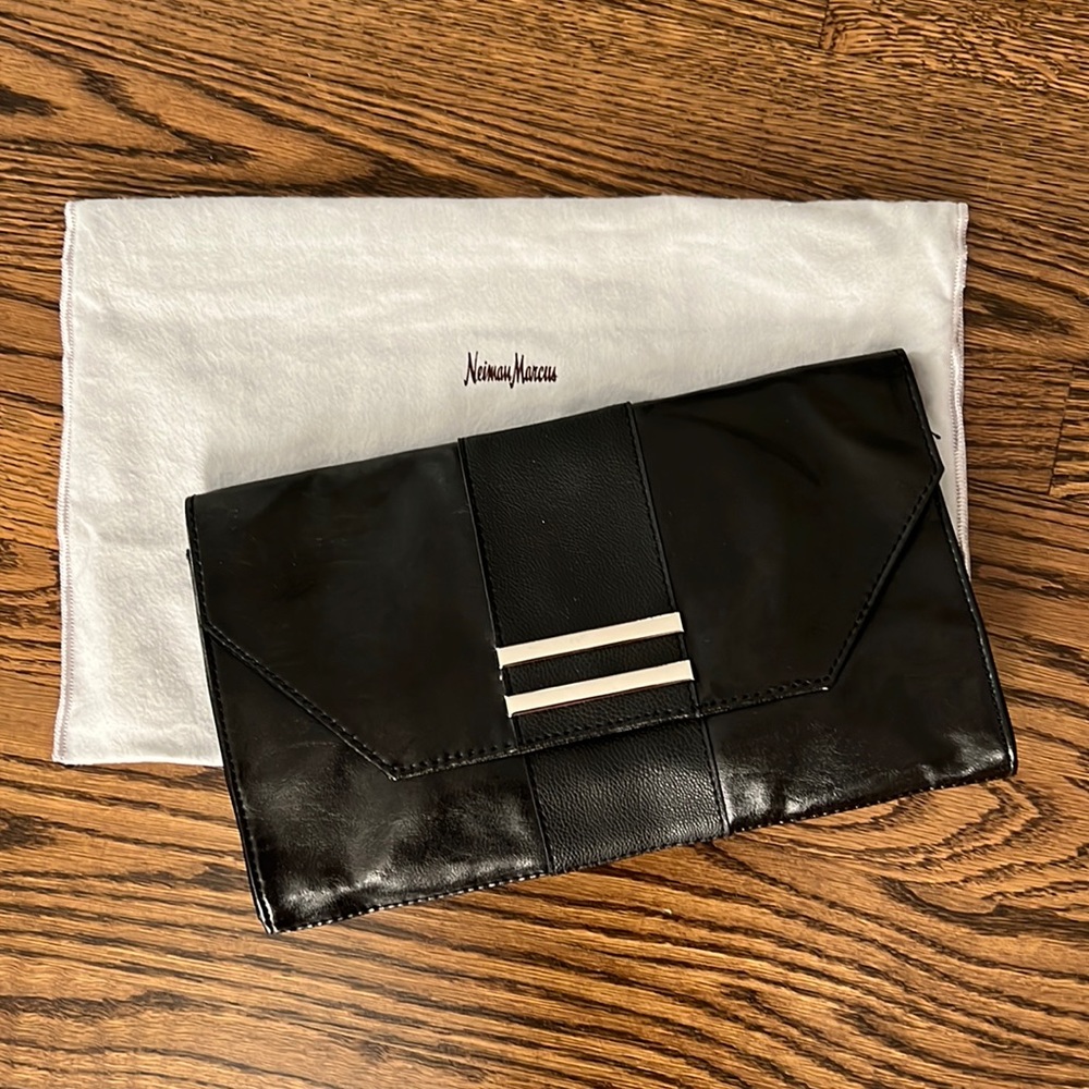 Neiman Marcus Black Faux Leather Envelope Clutch Bag. NWT
